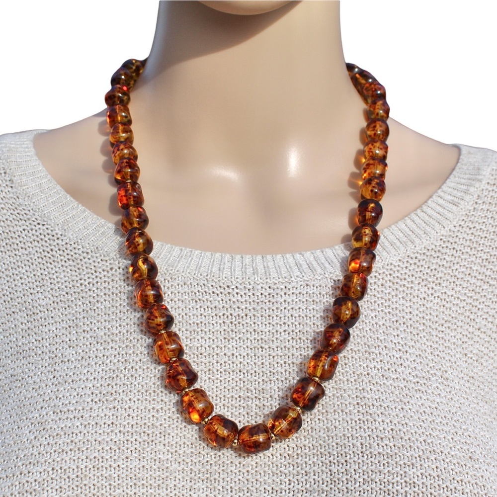 Vintage Amber Glass Beaded Necklace Art Glass Beads Gold Plated 25” Long Estate